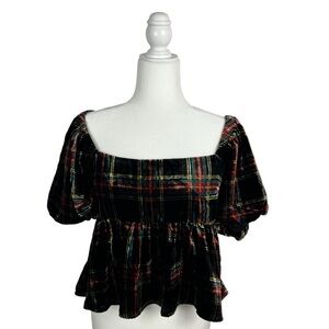 Womens Velvet Holiday Punk Plaid Velvet Blouse Top Black Red Large Date Night